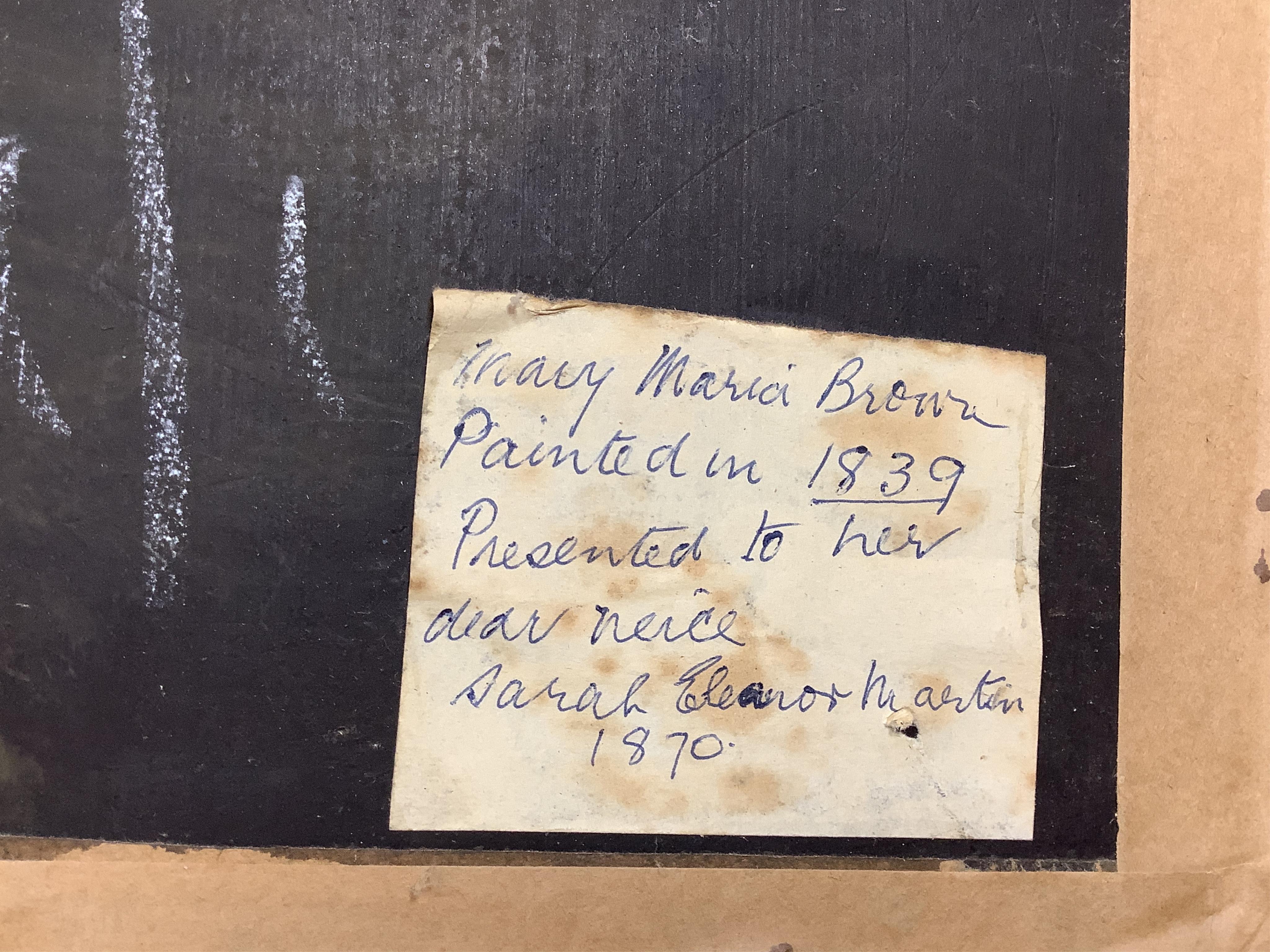 Early 19th English School, Portrait of Maria Brown wearing a bonnet, circa 1839, label verso, oil on panel, 34 x 27cm